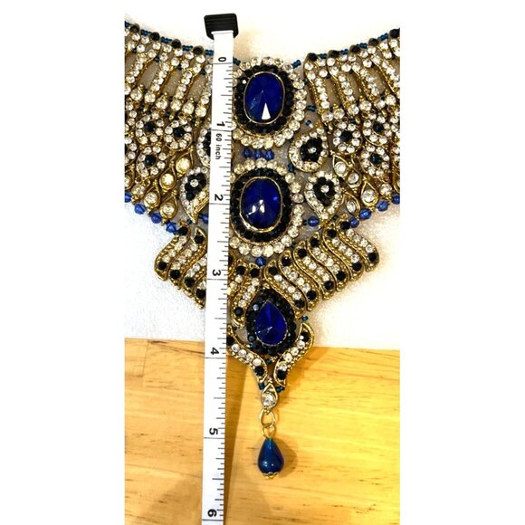 Gold & Blue Crystal Bib Necklace With Matching Chandelier Earrings Bridal - Picture 15 of 16
